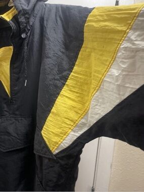 Vtg 80s parachute Men's Black & Yellow Pullover Windbreaker Hoodie